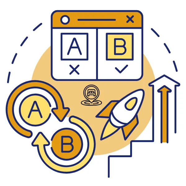 Illustration of A/B testing, with two options compared in a browser window beside a rocket and a rising arrow